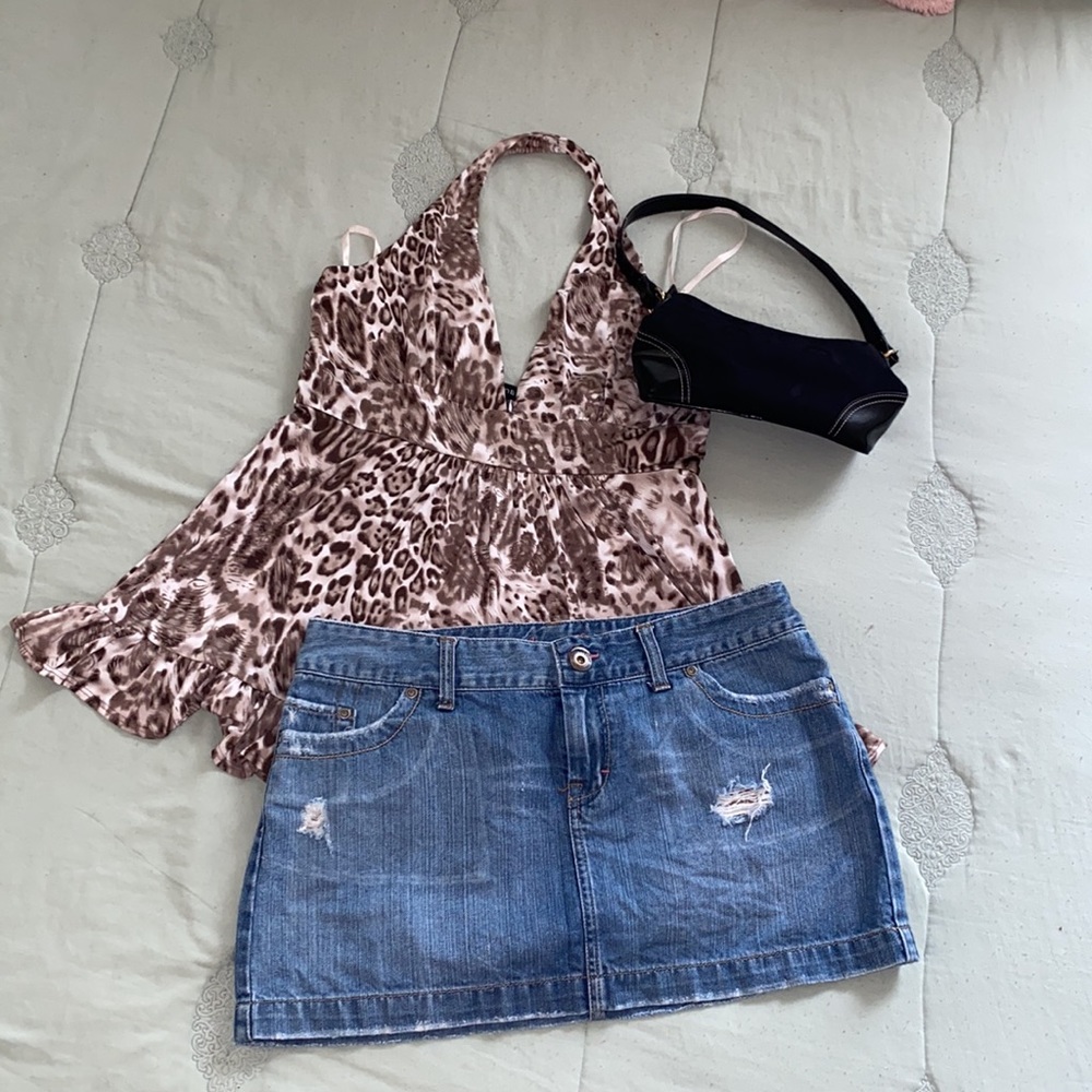 Y2k American Eagle Demin Mini Skirt,Halter Top and Mini Shoulder Bag Bundle